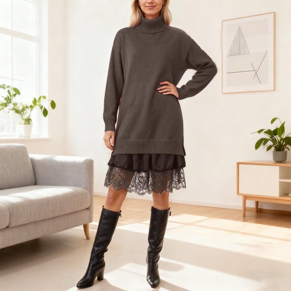 KANG Elegant Knit Pullover Sweater With Lace Trim Two Piece Cozy Winter Fall And Dress Layering Outfit Soft Yarn Fashion Casual Comfort WearBrownXXL