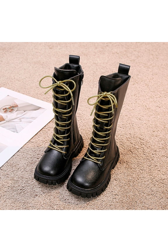 Fashion Autumn Children Girls Sports Shoes Flat Thick Bottom Non Slip Easy To Wear PU Upper Comfortable Boots Black 27