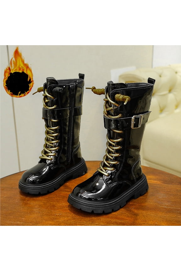 Fashion Autumn Children Girls Sports Shoes Flat Thick Bottom Non Slip Easy To Wear PU Upper Comfortable Boots Black 30
