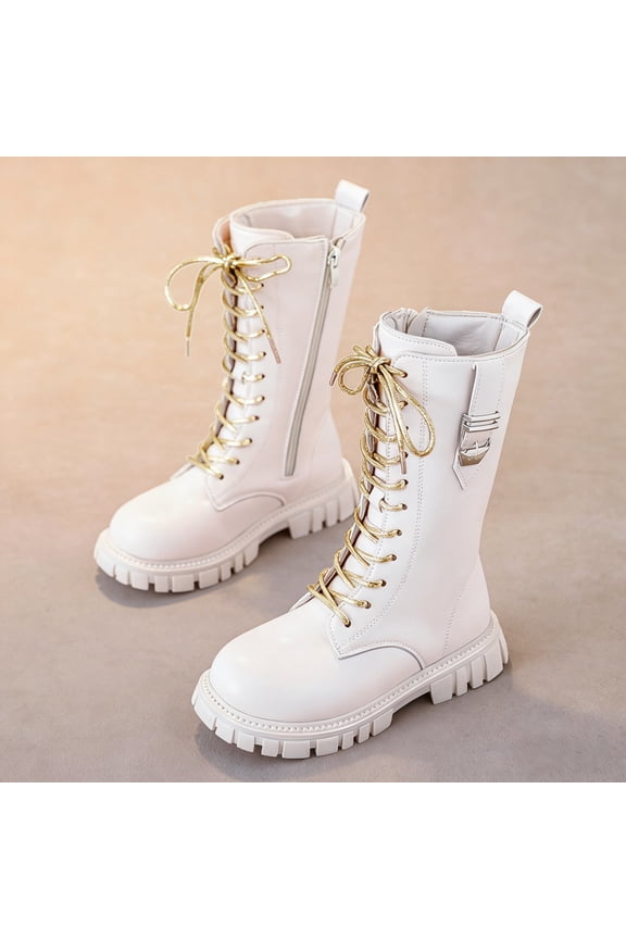 Fashion Autumn Children Girls Sports Shoes Flat Thick Bottom Non Slip Easy To Wear PU Upper Comfortable Boots White 27