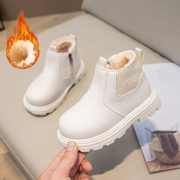 KANG Fashion Autumn Children Girls Sports Shoes Flat Thick Bottom Non Slip Easy To Wear PU Upper Comfortable Boots White 29