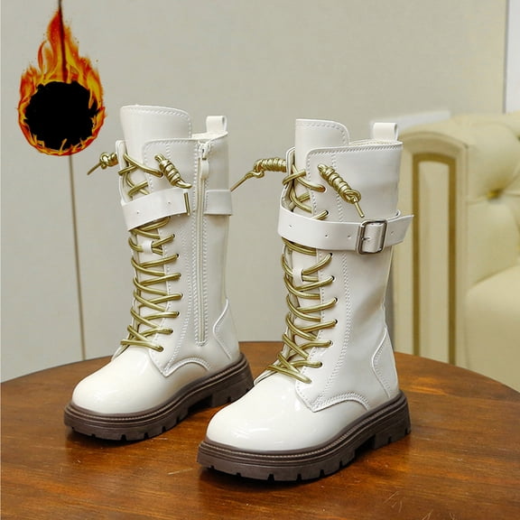 KANG Fashion Autumn Children Girls Sports Shoes Flat Thick Bottom Non Slip Easy To Wear PU Upper Comfortable Boots White 31