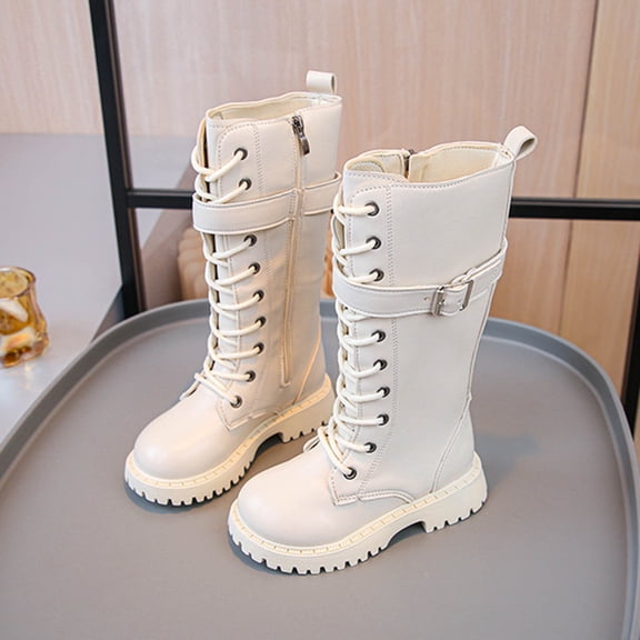 KANG Fashion Autumn Children Girls Sports Shoes Flat Thick Bottom Non Slip Easy To Wear PU Upper Comfortable Boots White 31