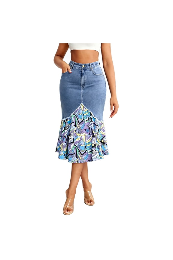 Boho Denim Patchwork Skirt – Bohemian Style Midi Skirt With Unique Stitching And Flowy For Casual And Festive Blue M