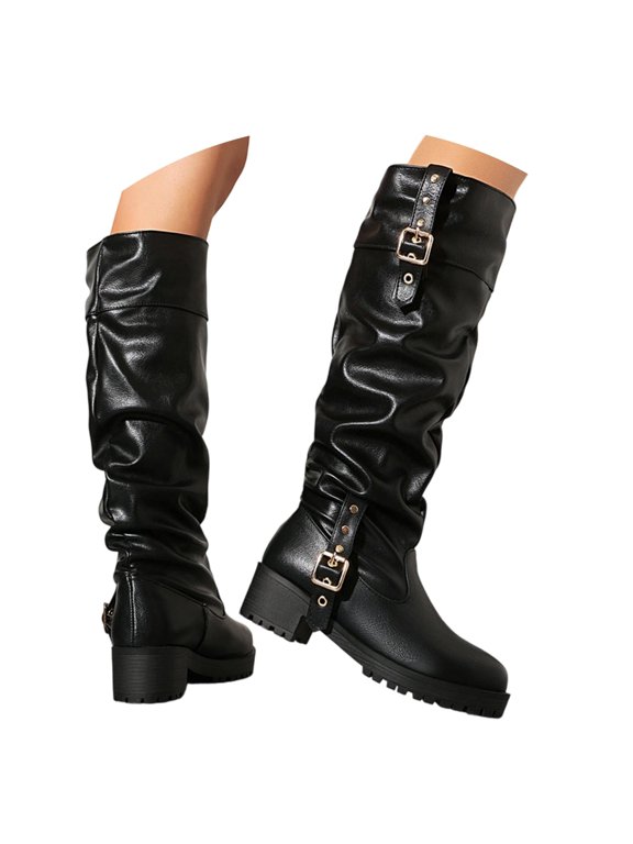 British Style Fold Over Flat Sole Tall Riding Boots Knee High Winter Fashion Boots Black 39