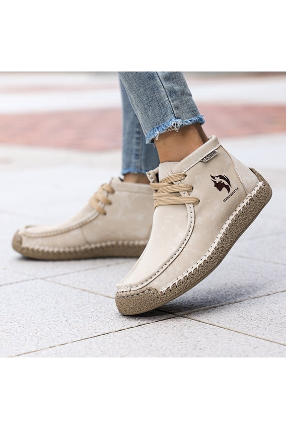 Couples Matching Casual Sneakers for Women & Men, Spring Summer Plus Size Leather Shoes, Hand-Stitched Comfort Athletic Walking Shoes Beige 42