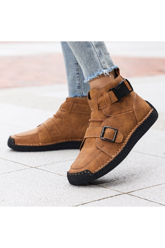 Couples Matching Sneakers for Women & Men, Spring Summer Plus Size Leather Upper Shoes, Hand-Stitched Casual Comfort Athletic Training Fitness Shoes Brown 42