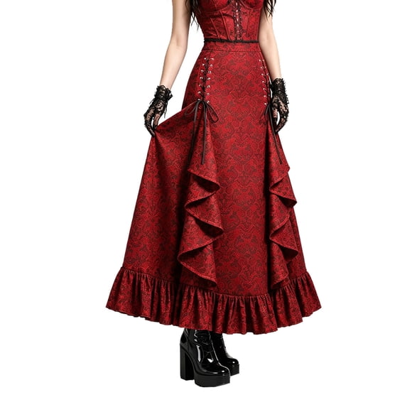 KANG Fashion Dark Gothic Midi Skirt With Structural Belted And Tail Detailing For Modern Red L