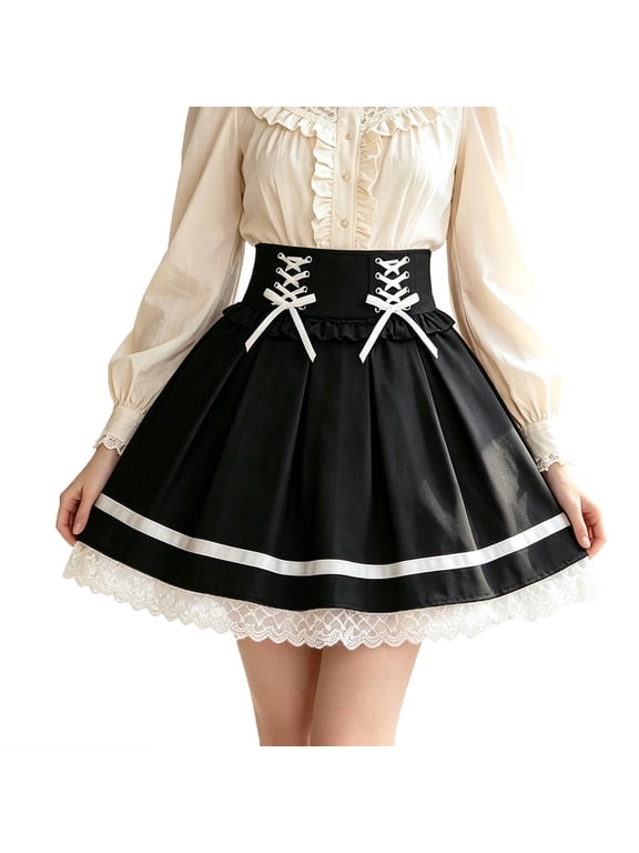 Elegant Lace Trim Bow Tie Strapped Puff Skirt For – Floral Lace Overlay A Line Pleated Bottoms Black M
