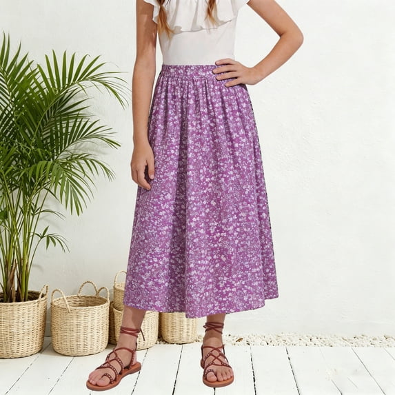 KANG Fashion Girls Floral Print Midi Skirt, Elastic High‑Waist Pleated Lightweight Casual Summer A‑Line Skirt For Kids Daily & Party Wear Purple 140