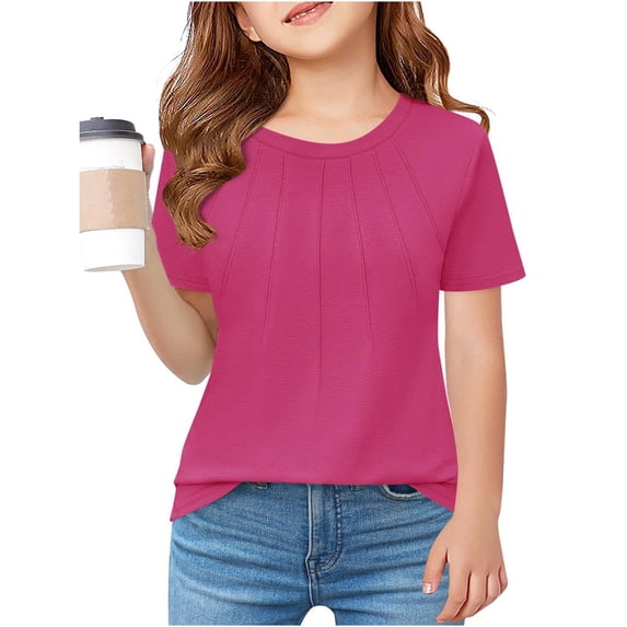 KANG Fashion Girls Pleated T Shirts Kids Summer Short Sleeve Fashion Tops Tees 5 14 Years Hot Pink 120