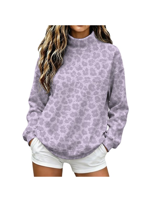 Leopard Print High Neck Pullover Fall Winter Knit Sweater Cozy Loose Fit Casual Long Sleeve Tunic Blouse Light Purple L