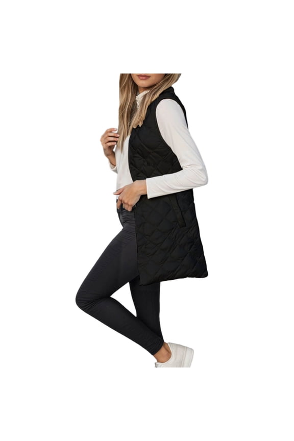 Lightweight Warm Quilted Long Vest For Stand Collar Sleeveless Coat Loose Fit Outerwear