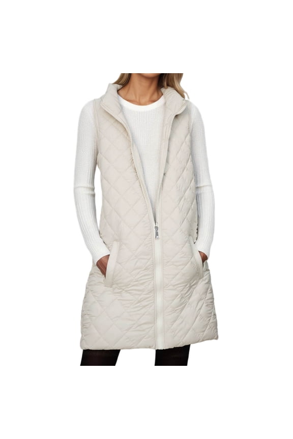 Lightweight Warm Quilted Long Vest For Stand Collar Sleeveless Coat Loose Fit Outerwear