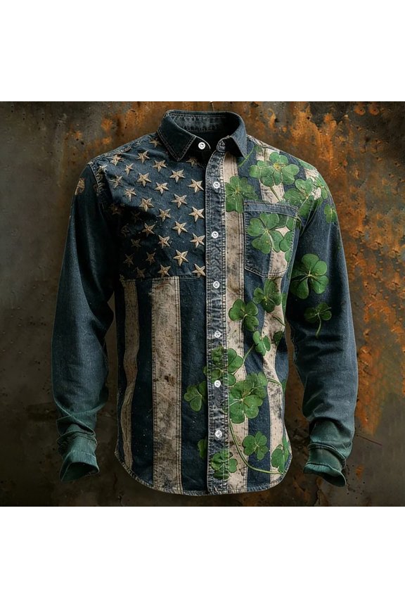 Men St Patricks Day Shirt Printed Long Sleeve Button Down Shirts Festival Casual Collared Blue S