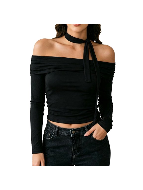 Off Shoulder Long Sleeve Top Wrap Ruffle Fitted Flounce Blouse Elegant Going Out Pullover Sweater Shirt Black S
