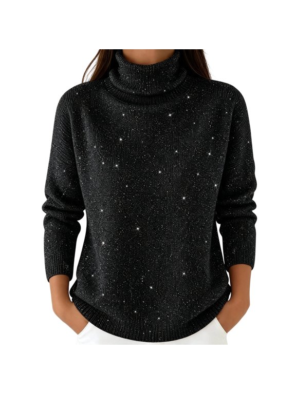 Plus Size Soft Shimmering Neck Blouse With Satin Finish For Long Sleeve Top Elegant Glow Knit Black S