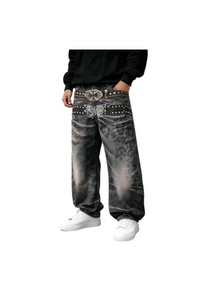 Print Wide Leg Jeans Heavy Wash Distressed Loose Fit Flared Trousers Black L