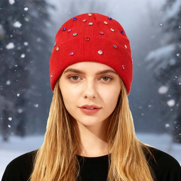 KANG Fashion Rhinestone Embellishment Cold Hat Fall And Winter Fashion Versatile Pullover Knit Hat Punk Style With Hat Red One Size