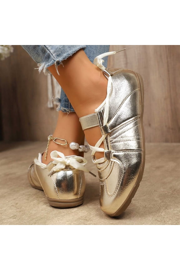 Fashion Solid Color Leather Low Top Casual Shoes Comfortable Daily Walking For Ladies Breathable Slip On Loafers Gold 36