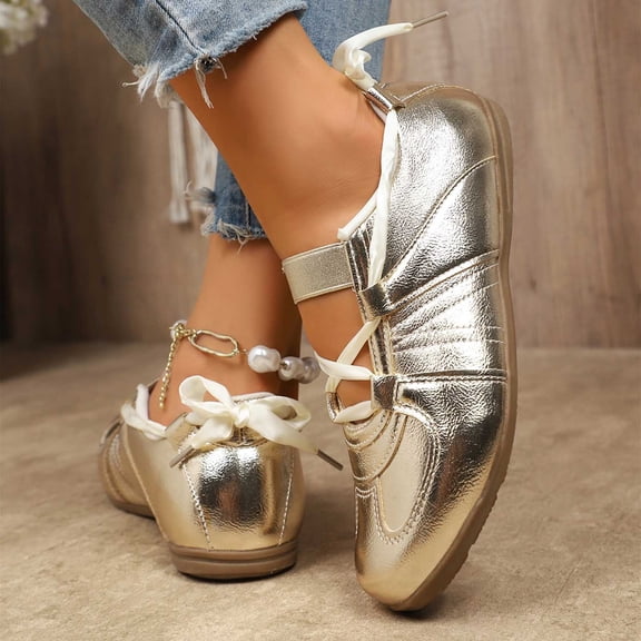 KANG Fashion Solid Color Leather Low Top Casual Shoes Comfortable Daily Walking For Ladies Breathable Slip On Loafers Gold 40