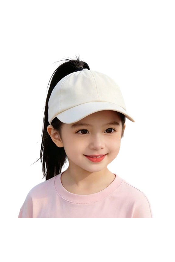 Sun Hats for Kids, Solid Color Half-Dome Baseball Cap, Curved Brim Ponytail Hat with Velcro Strap for Children Aged 2–6 Outdoor Casual Use Beige