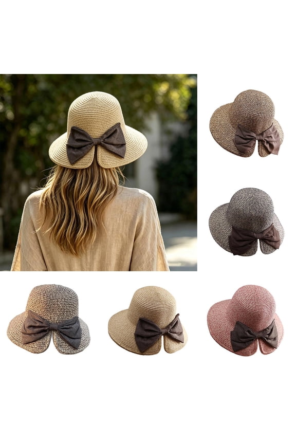 Sun Hats for Women, French Style Foldable Straw Hat, Wide Brim UV Protection Flat Top Beach Sun Hat For Summer Seaside Outdoor Travel Beige