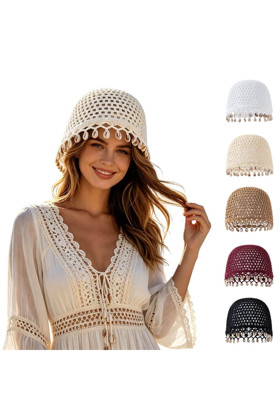 Sun Hats for Women, Hand-Crocheted Openwork Knit Beanie, Cotton Yarn Boho Hat with Shell Pearl Trim, Lightweight Hat for Spring Fall Beach Travel White