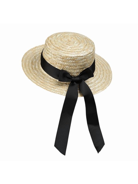Sun Hats for Women, French Flat-Top Wheat Straw Hat, Rustic Woven UV Protection Sun Hat for Summer Beach Vacation Outdoor Use Black