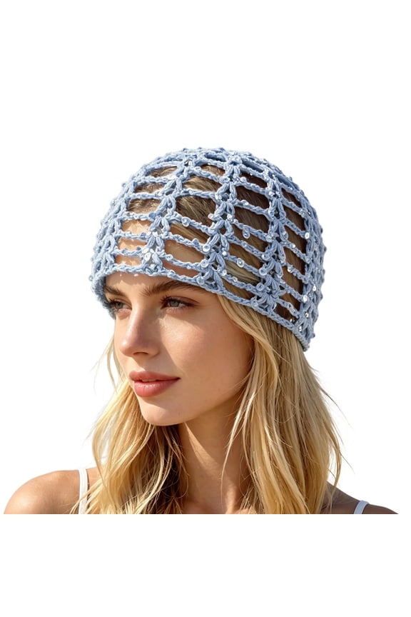 Sun Hats for Women, Handmade Hollow Out Sequin Fishnet Cap, Solid Cotton Yarn Boho Hair-Tying Hat for Beach Travel Party Fashion Blue