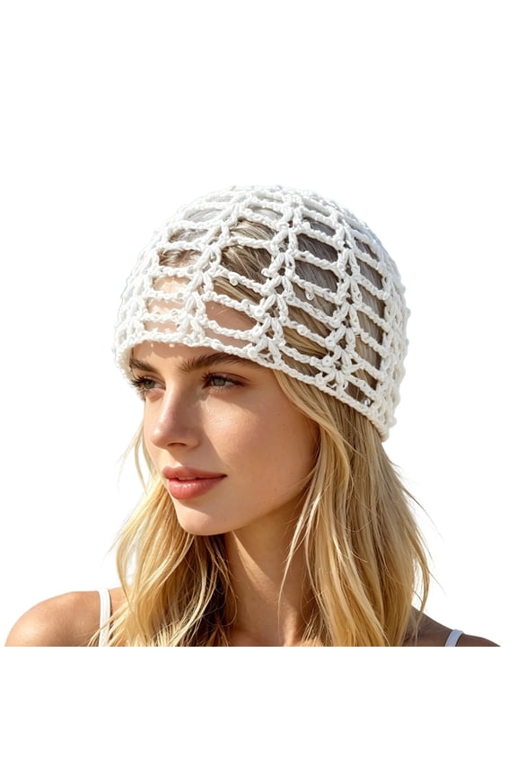 Sun Hats for Women, Handmade Hollow Out Sequin Fishnet Cap, Solid Cotton Yarn Boho Hair-Tying Hat for Beach Travel Party Fashion White
