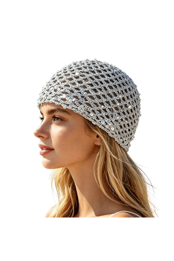 Sun Hats for Women, Handmade Hollow Out Sequin Mesh Cap, Solid Color Cotton Yarn Fishnet Boho Hat for Beach Travel Party Fashion Grey