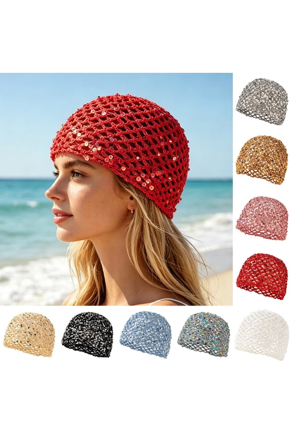 Sun Hats for Women, Handmade Hollow Out Sequin Mesh Cap, Solid Color Cotton Yarn Fishnet Boho Hat for Beach Travel Party Fashion Red