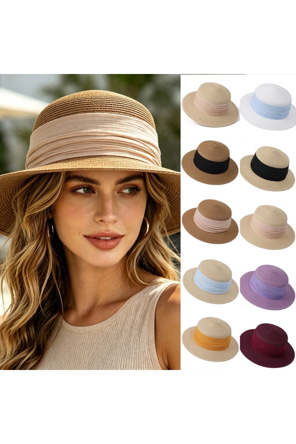 Sun Hats for Women, Minimalist Flat-Top Straw Hat, Japanese British Vintage Elegant Hat for Summer Beach Seaside Vacation Coffee