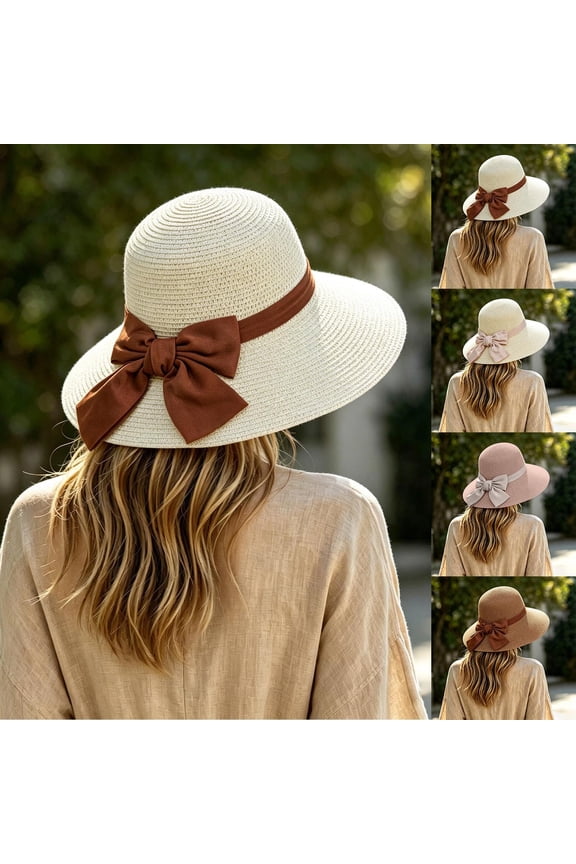 Sun Hats for Women, Wide Brim Bow Straw Hat, Foldable French Style Flat Top Sun Hat for Summer Beach Outdoor Sun Protection Pink