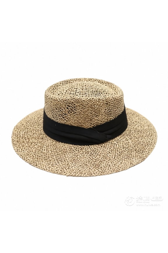 Unisex Openwork Flat Crown Sun Hat, UPF 50+ Wide Curved Brim Hat With Twisted Fabric Band for Vacation Outfits, European Travel & Garden Outdoor Wear Black One Size
