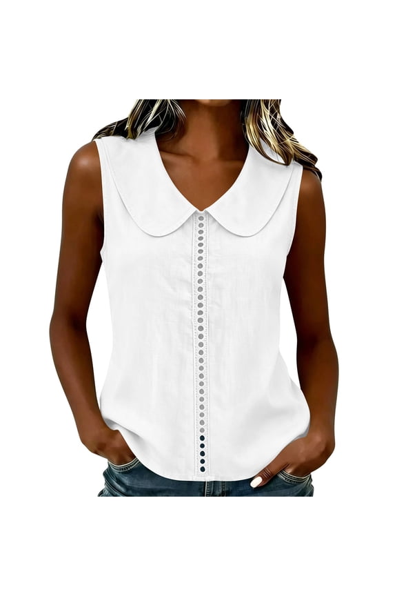 Women Cotton Linen Tank Tops, Peter Pan Collar Lace Trim Sleeveless Loose Fit Casual Summer Shirt Style Vests For Women White S