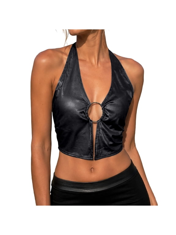 Women Halter Neck Leather Tank Tops, Open Back Matte Slim Fit Sleeveless Vests, Fashion Festival Outfit Tops for Women, Tank Tops for Women Black S