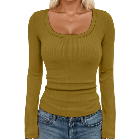 KANG Fashion Women's Basic Ribbed Knit Square Neck Long Sleeve T Shirt Fall Fashion Casual Stretch Fit Comfortable Top For Girls And Teens