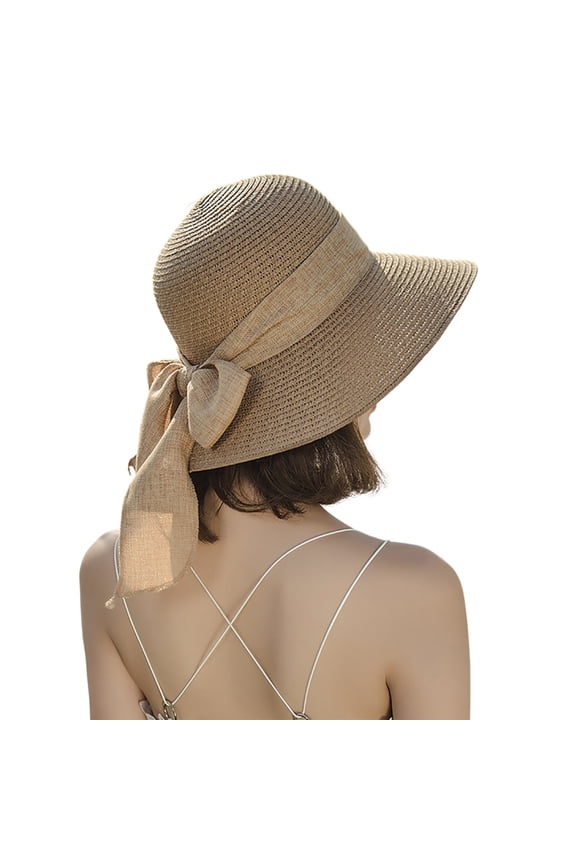 Women's Bow Accent Straw Sun Hat, UPF 50+ Wide Brim Korean Style Beach Hat for Vacation Outfits, Outdoor Travel & Daily Summer Wear Coffee One Size