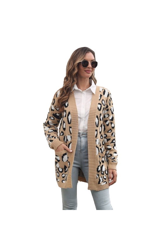 Women's Knit Leopard Print Cardigan | Oversized Pocket Open Front Long Sleeve Sweater Coat | Fall Winter Fashion Boho Chic Loungewear