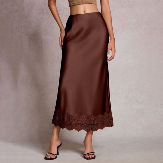 KANG Fashion Women's Elegant European Style Satin Lace Patchwork Skirt High Waist Elastic Waistband Flowy A-Line Midi Length Soft Smooth Fabric Casual Party Wear Coffee M