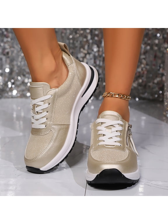 Women's Fashion Platform Leather Sneakers, Lace-Up with Side Zipper Closure, Comfort Thick Sole Ankle Boots for Casual Daily Wear Gold 36