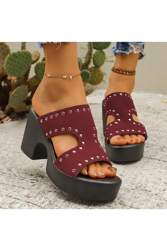 Women's Fashion Studded Chunky Heel Mule Sandals Comfortable Slip-On Platform Slides Lightweight Casual Daily Wear Footwear Wine 36