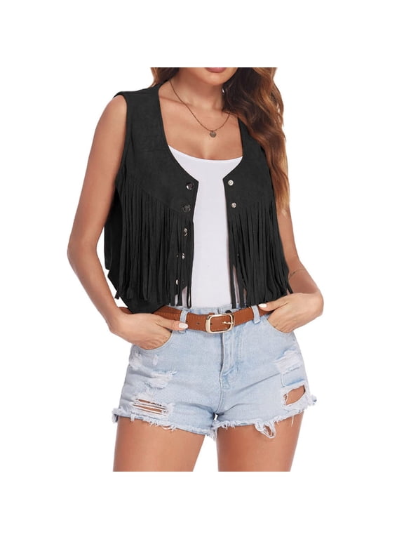 Women's Fringe Sleeveless Summer Western Cowboy Punk Cardigan Jacket Suede Cardigan Vintage Vest Sleeveless 70's Hippie Clothing Boho Western Jacket