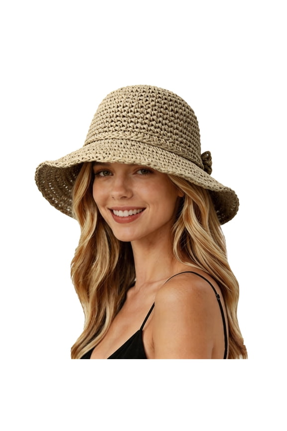 Women's Hand Crochet Bow Sun Hat, UPF 50+ Foldable Wide Brim Beach Hat With Back Bow Detail for Vacation Outfits, Outdoor Travel & Summer Daily Wear Khaki One Size