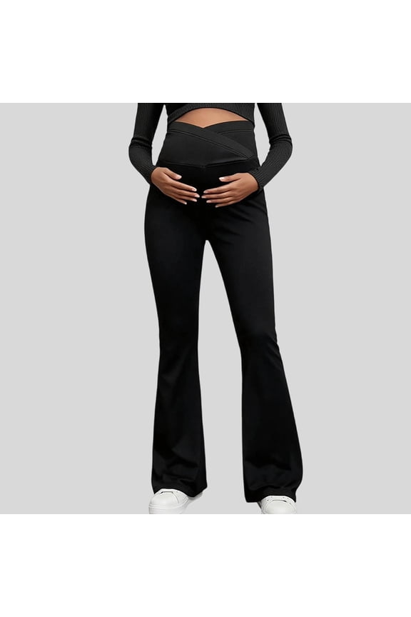 Women's High-Waisted Maternity Yoga Pants Crossed Support Belly Band Flattering Flared Leg Design Soft Stretchy Comfortable Prenatal Workout Leggings Black S
