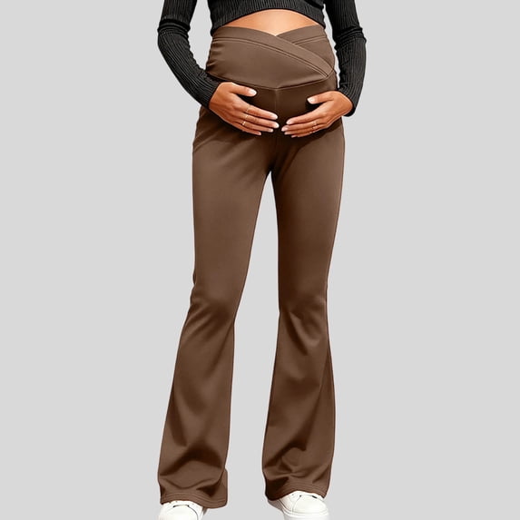 KANG Fashion Women's High-Waisted Maternity Yoga Pants Crossed Support Belly Band Flattering Flared Leg Design Soft Stretchy Comfortable Prenatal Workout Leggings Coffee L
