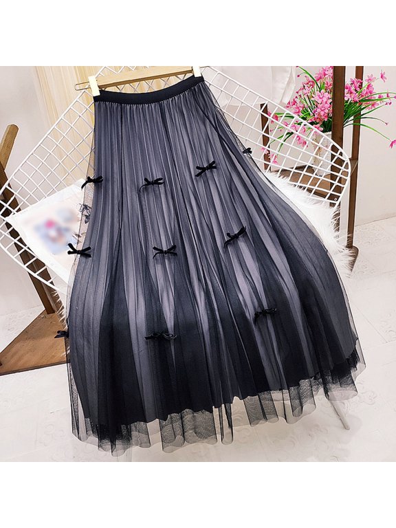 Women's Japanese Style Elegant High Waist A Line Mesh Chiffon Skirt Bow Decor Flowy Soft Lightweight Slimming Casual Party Daily Wear Grey One Size