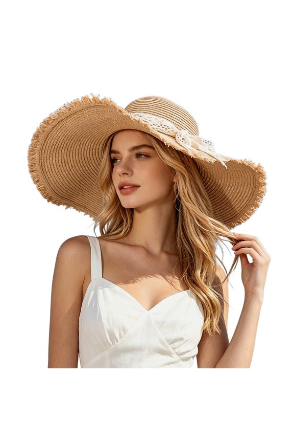 Women's Lace Bow Straw Sun Hat, Oversized Frayed Wide Brim, UPF 50+ Breathable Beach Cap for Vacation, Seaside & Outdoor Activities Khaki One Size